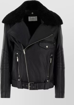 Saint Laurent leather jacket with belted waist and shearling collar