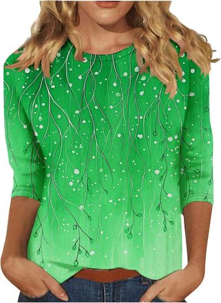 Generic t Shirts for Women UK Boho Tops for Women UK Loose Fit 3/4 Sleeve Crewneck Shirts Vintage Print Blouse Slim Fit Beach Vacation Green Womens Tops Size 