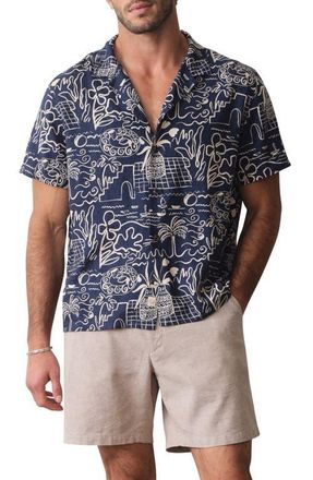 Marine Layer Island Motif Linen Blend Camp Shirt in Navy/White Island Motif at Nordstrom, Size Xx-Large