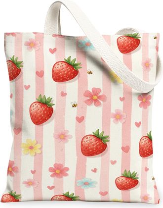 Generic Strawberry Floral Canvas Tote Bags, Cute Fruit Pattern Reusable Grocery Bags, Summer Lightweight Washable Shoulder Strap Ca, Peach, 13x15 Inch