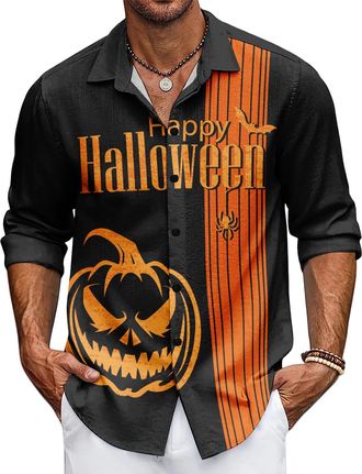 Generic Halloween Mens Long Sleeve V-Neck Shirt - Pumpkin Autumn Winter Casual Button T-Shirt (UK, Alpha, XXL, Regular, Regular, 6)