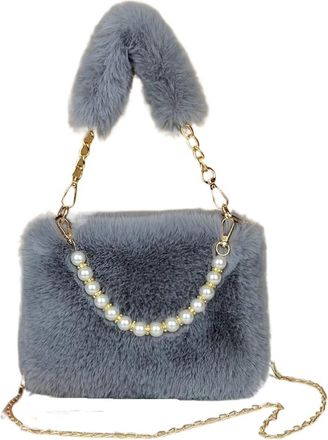 Generic Womens Plush Bags Fluffy Pearl Handbag Fashionable Womens Crossbody Bag Chain Design Autumn Winter Small Versatile(Medium grey)