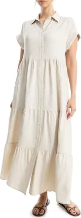 Max Studio Short Sleeve Tiered Maxi Shirtdress in Heather Oatmeal at Nordstrom Rack, Size X-Large