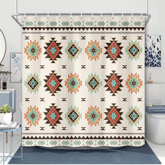 OEM Cortina De Ducha Estilo Suroeste, Estampado Geom&eacute;trico Azteca Bohemio, Color Beige, 36 X 72 Pulgadas, Con Ganchos
