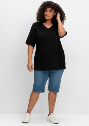 Sheego T-Shirt SHEEGO T-Shirt, Damen, Gr. 44, schwarz, 95% Baumwolle, 5% Elasthan, unifarben, V-Ausschnitt, Shirts T-Shirt