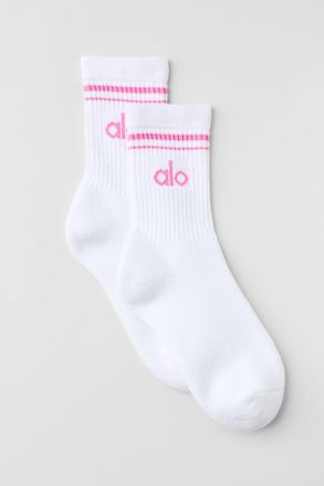 Alo | Half-Crew Throwback Socks in White/Paradise Pink, Size: Medium