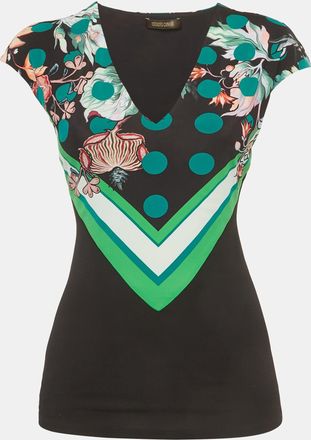 Roberto Cavalli Black Floral Print Jersey Cap Sleeve Top