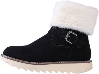 Generic Women Boots Size 3 Buckle Boots With Side Zipper and Fleece Lined Cotton Fur Lined Snow Boots Women (Black, 5.5)