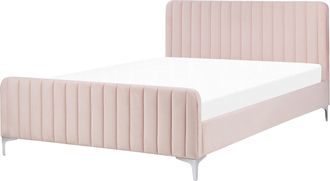 Beliani Cama Con Somier De Terciopelo Rosa Pastel 140 X 200 Cm Acolchado Patas Metal Lunan
