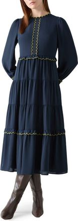 L.k. Bennett Carly Scallop Long Sleeve Tiered Maxi Dress in Navy Multi at Nordstrom Rack, Size 0 Us / 4 Uk