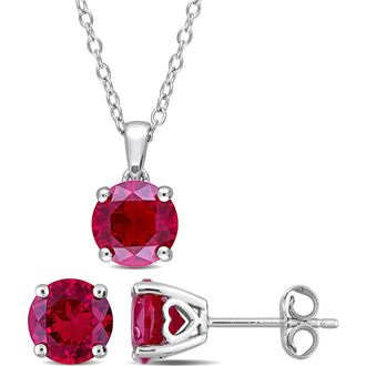 Delmar Sterling Silver Solitaire Created Ruby Stud Earrings & Necklace in Red at Nordstrom Rack