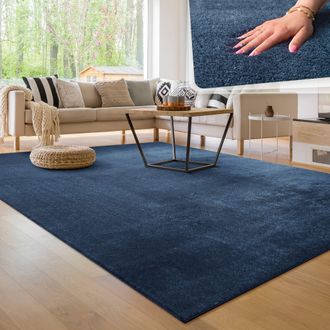 Paco Home Paco Home Alfombra Moderna Para Sal&oacute;n A Pelo Corto Lavable Suave Uni Efecto Piel Antideslizante 200 Cm Cuadrado, Azul-marino