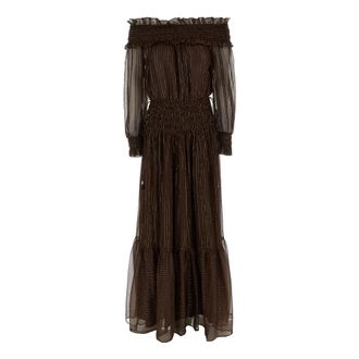 Self Portrait Kleedjes, Dames, Bruin, XS, Polyester, Georgette Off Shoulder Maxi Jurk