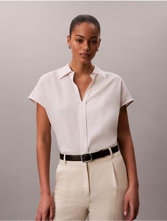 Calvin Klein Womens Linen Blend Short Sleeve Classic Shirt - Neutral - XL