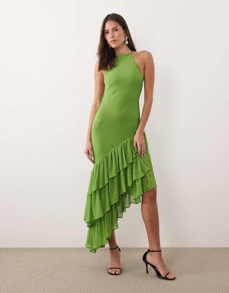 Asos Vestito lungo verde con spalline sottili e volant sul fondo-Multicolore