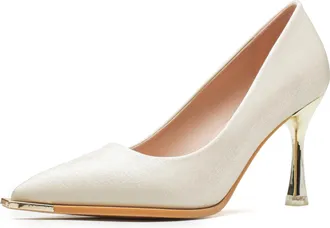 Generic Womens Satin Pointed Toe Stiletto Pumps with Gold Metallic Heel Classic Court Shoes for Bridal Wedding Reception & Formal Evening Party,Apricot 7cm,4.