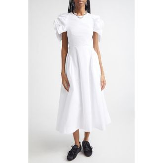 Simone Rocha Rosette Puff Sleeve Cotton Poplin Midi Dress in White at Nordstrom, Size 4 Us