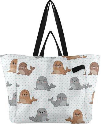 Generic Seal Blue Dots print Reusable Canvas Tote Bag, Heavy Duty Grocery Shopping Bag with Large Capacity Double Handles Hard Bottom Work Groceries Travel