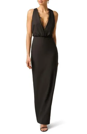Adrianna Papell Plunge Neck Lace Trim Crepe Column Gown in Black at Nordstrom, Size 10