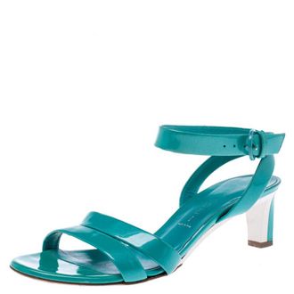 Casadei Turquoise Patent Leather Open Toe Cross Strap Mid Heel Sandals