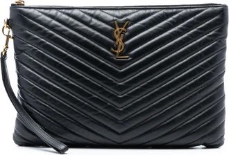 Saint Laurent Clutch portadocumenti in pelle trapuntata con motivo chevron e monogramma 2018 - Nero