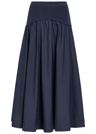 SIMKHAI Ovie Knit-waist Cotton-poplin Midi Skirt - Navy - XS (UK6 / XS)