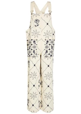 Free People Rising Sun Embroidered Denim Overalls - White - L (UK16-UK18 / L)