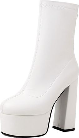 Generic Womens Ankle Boots Shiny PU Leather Thick Platform Chunky Block Heels Side Zip Comfortable Bold Fashion Footwear for Evening Parties Night Out,White,6