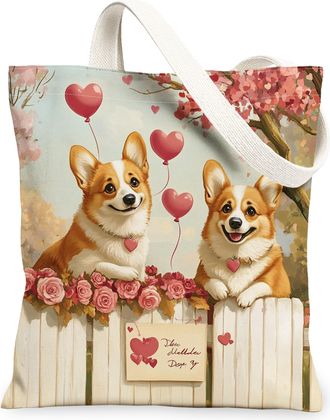 Generic Valentines Day Corgi Dog Canvas Tote Bag for Shopping 13x15, Farm Couple Puppy Reusable Grocery Print Pattern Bag for Women, Pet Beach Aesthetic Paint