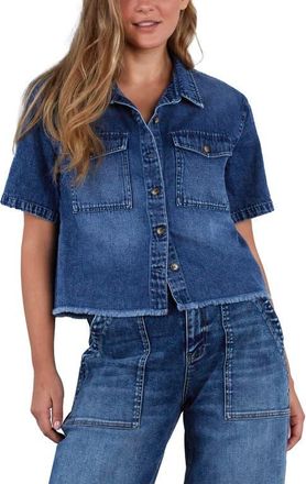 HINT OF BLU Emily Frayed Short Sleeve Denim Button-Up Shirt in Caribbean Blue at Nordstrom, Size X-Large