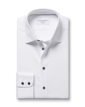 CHARLES TYRWHITT Non-Iron Twill With Contrast Buttons Cotton Formal Shirt - White Single Cuff Size 14.5/33 by Charles Tyrwhitt