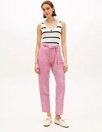 Tommy Hilfiger Womens Belted Gingham Seersucker Tapered Pant - Pink Perfection / Ecru Gingham - XS