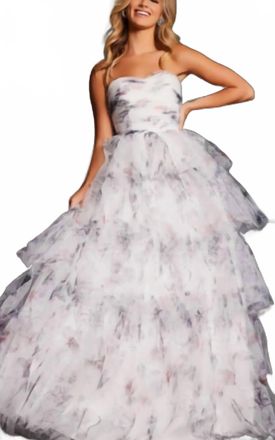 Jovani Strapless Print Layered Ballgown In Ivory