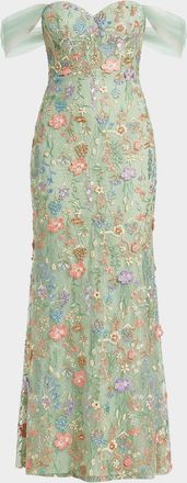 Mac Duggal Floral-Embroidered Off-The-Shoulder Bustier Gown