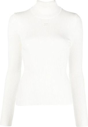 Courr&egrave;ges Geribbelde Witte Trui met Logo Borduursel - Dames - Coltruien - Wit - L - Truien & Vesten