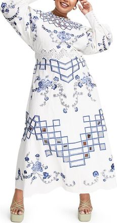 Asos Curve Floral Long Sleeve Midi Dress in White Multi at Nordstrom, Size 14W Us