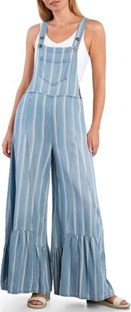 BILLY T Butterfly Ruffle Leg Cotton Blend Overalls in Light Blue Stripes at Nordstrom, Size X-Large