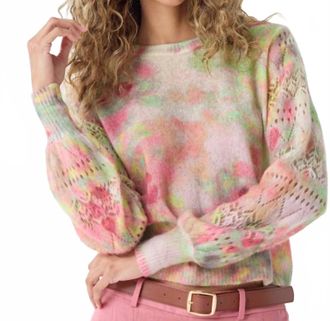 Autumn Cashmere Pastel Flower Print Pointelle Crew Sweater In Pink Combo