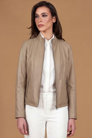 D'Arienzo Giacca in pelle naturale color sabbia colletto coreana DArienzo, Seleziona Taglia XXL, Colore Beige