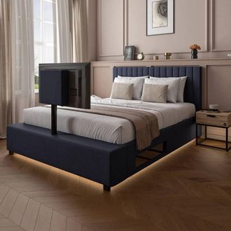 X Rocker Maisie Velvet Upholstered Ottoman TV Bed with Storage & LED Lights in Navy | Size: King