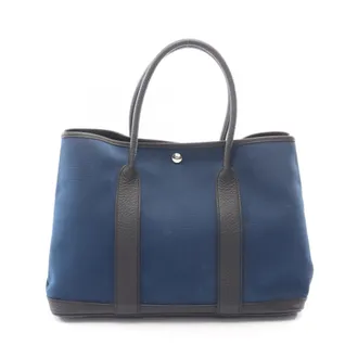 Herm&egrave;s Black Blue Toile Officier Handbag Tote Bag (Pre-Owned)