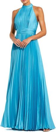 Mac Duggal Pleated Sleeveless Halter Gown in Pool Blue at Nordstrom, Size 16