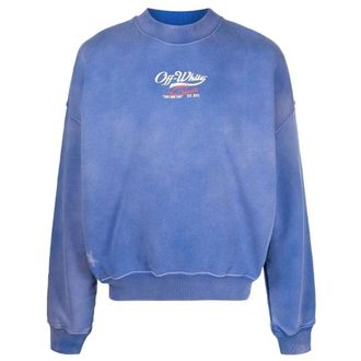 Off-white Mens Wave Off Boxy Fit Crewneck Blue Sweatshirt Cotton - Size Medium