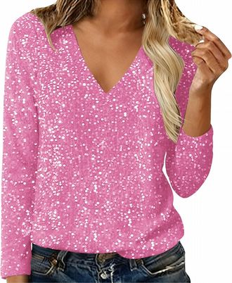 Generic Sequin Tops for Women Elegant Shimmer Glitter Shirts V Neck Sparkly Party Evening Top Ladies Pullover Jumpers Womens Sweater Shimmer T-Shirt Glitter F