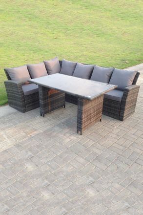 Fimous 6 Seater High Back Rattan Set Corner Sofa With Black Tempered Glass Dining Table in Dark Grey