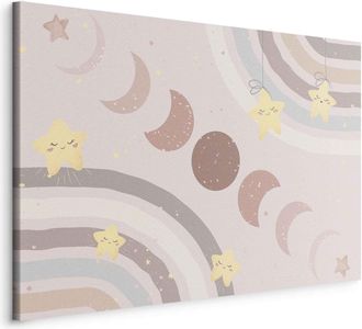 OEM Imagen - Cielo Alegre - Estrellas Amarillas Y Alegres Con Un Arco&iacute;ris Sobre El Fondo De Las Fases Lunares En El Cielo En Tonos Beige Claro / Fases Lun