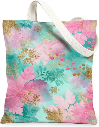 Generic Floral Canvas Tote Bags, Botanical Leaves Pattern Reusable Bags, Spring Vintage Chic Lightweight Washable Shoulder Strap Canvas for Travel Picnic 13x1