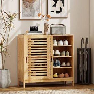 HOMCOM Bamboo Shoe Cabinet with 2 Sliding Slat Doors, 16 Pairs, Natural