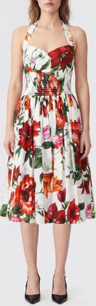 Dolce & Gabbana Abito midi in cotone con stampa floreale e scollo allamericana