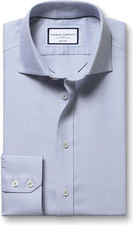 CHARLES TYRWHITT Non-Iron Stretch Burlington Weave Prince Of Wales Check Cotton Shirt - Mid Blue Single Cuff Size 14.5/32 by Charles Tyrwhitt
